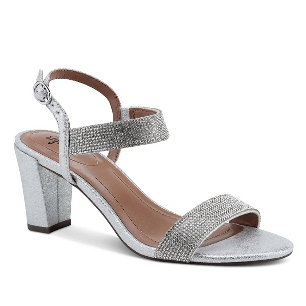 Silver Rhinestone Padded Round Toe Cone Heel Buckle Dress Slingback Sandals
